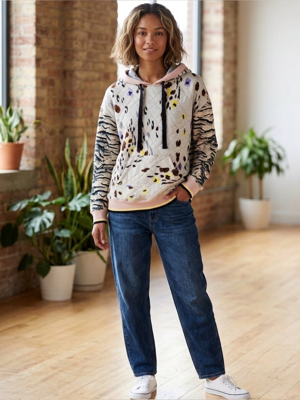Conditions apply- Anthropologie Quilted Floral Print Hoodie Sweater - Cream